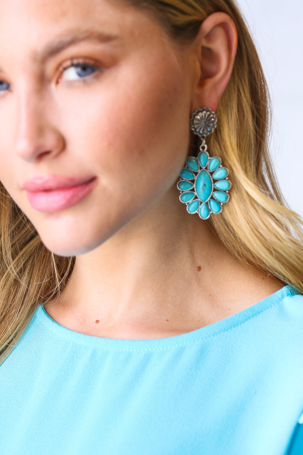 Vintage Style Turquoise Stone Floral Drop Earrings