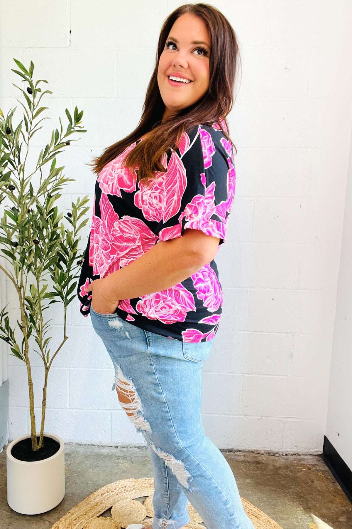 Tropical Vibes Black & Hot Pink Floral V Neck Top