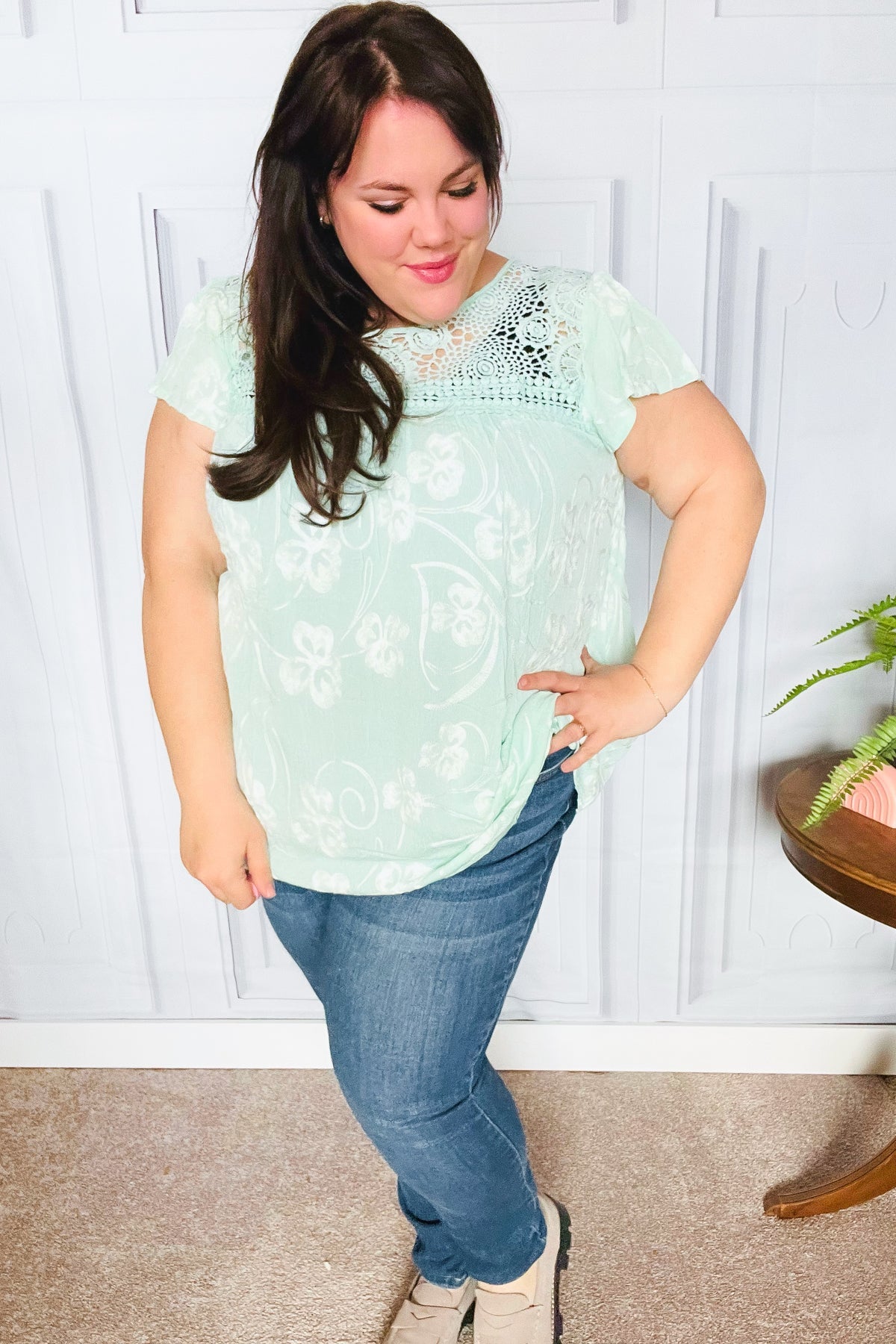 Lovely In Aqua Embroidered Flutter Sleeve Woven Top