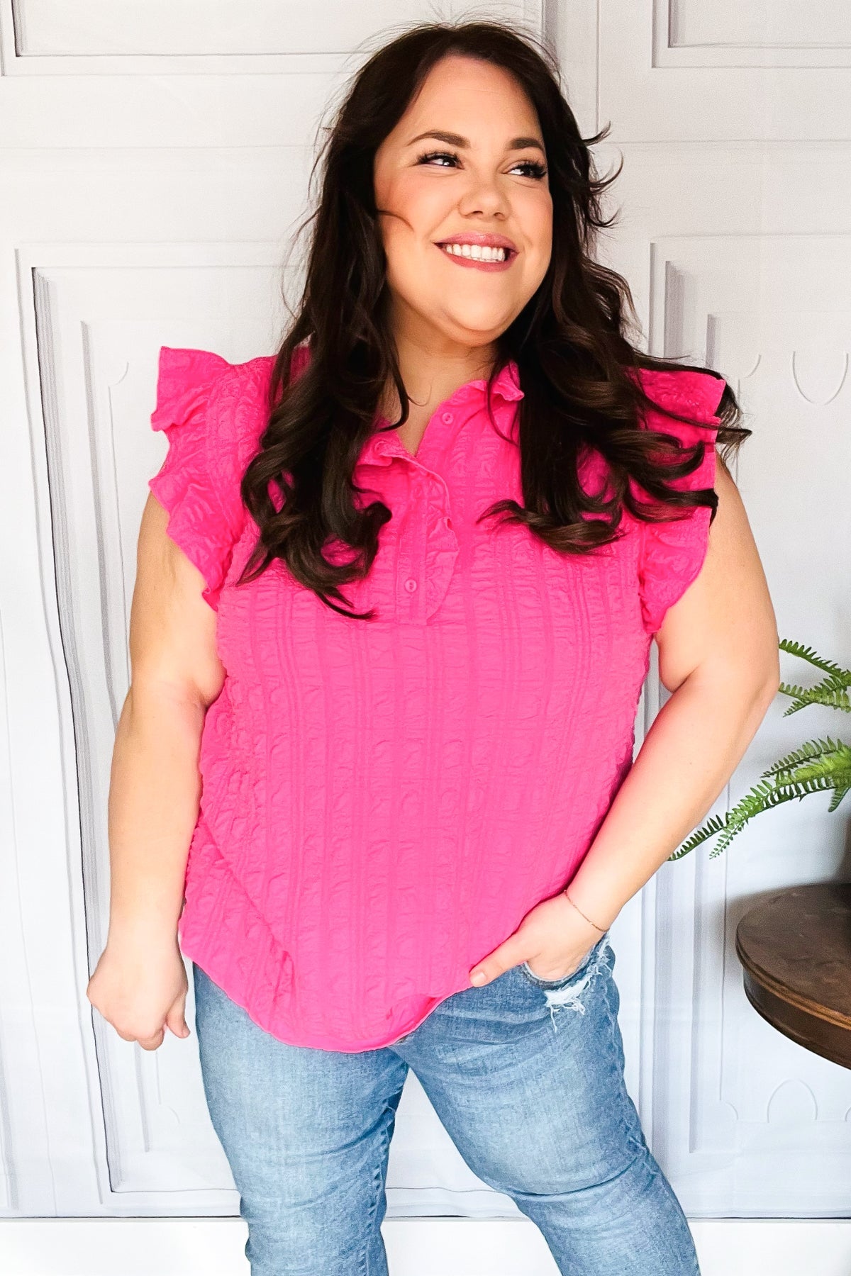 Hot Pink Textured Ruffle Mock Neck Button Down Top