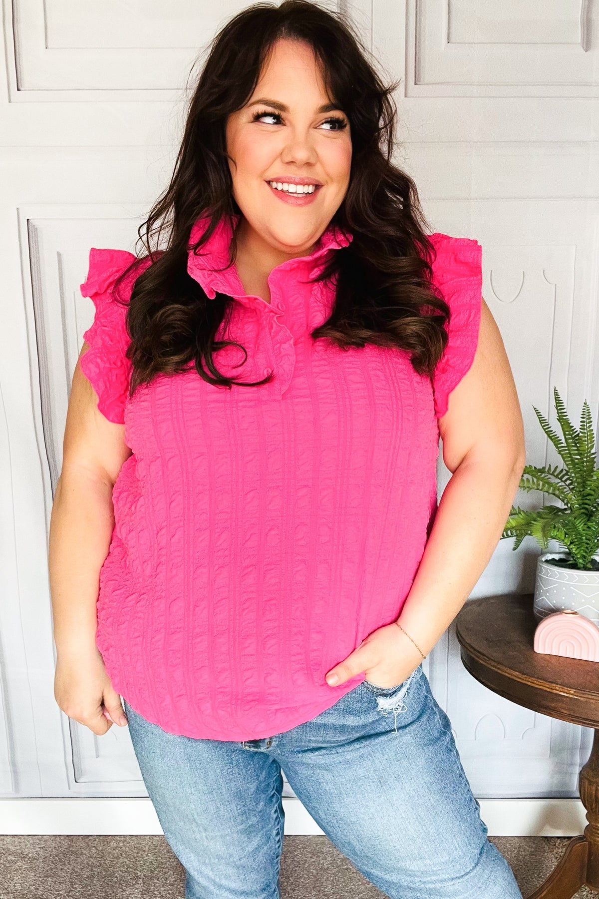 Hot Pink Textured Ruffle Mock Neck Button Down Top