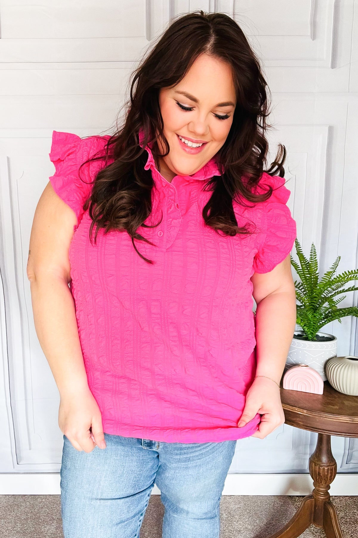 Hot Pink Textured Ruffle Mock Neck Button Down Top