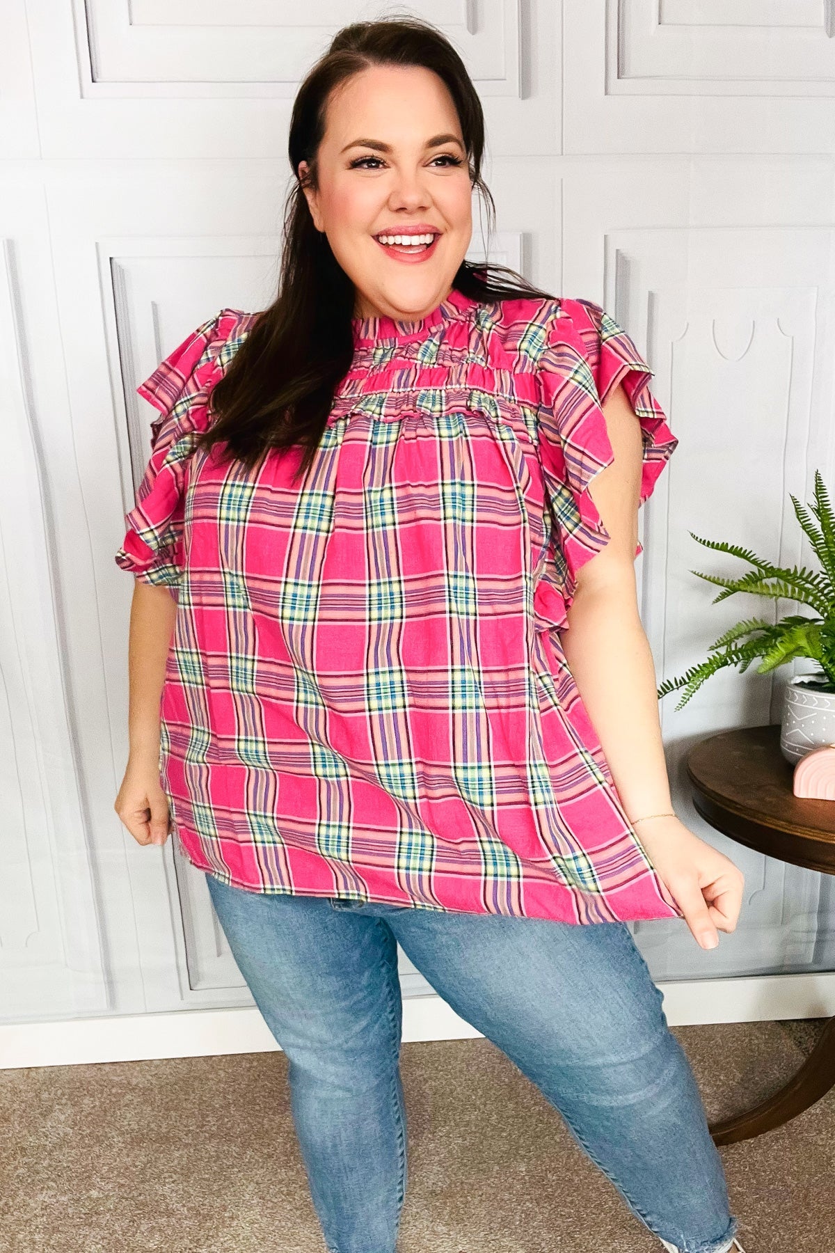 Fuchsia Plaid Shirred Yoke Flutter Sleeve Top