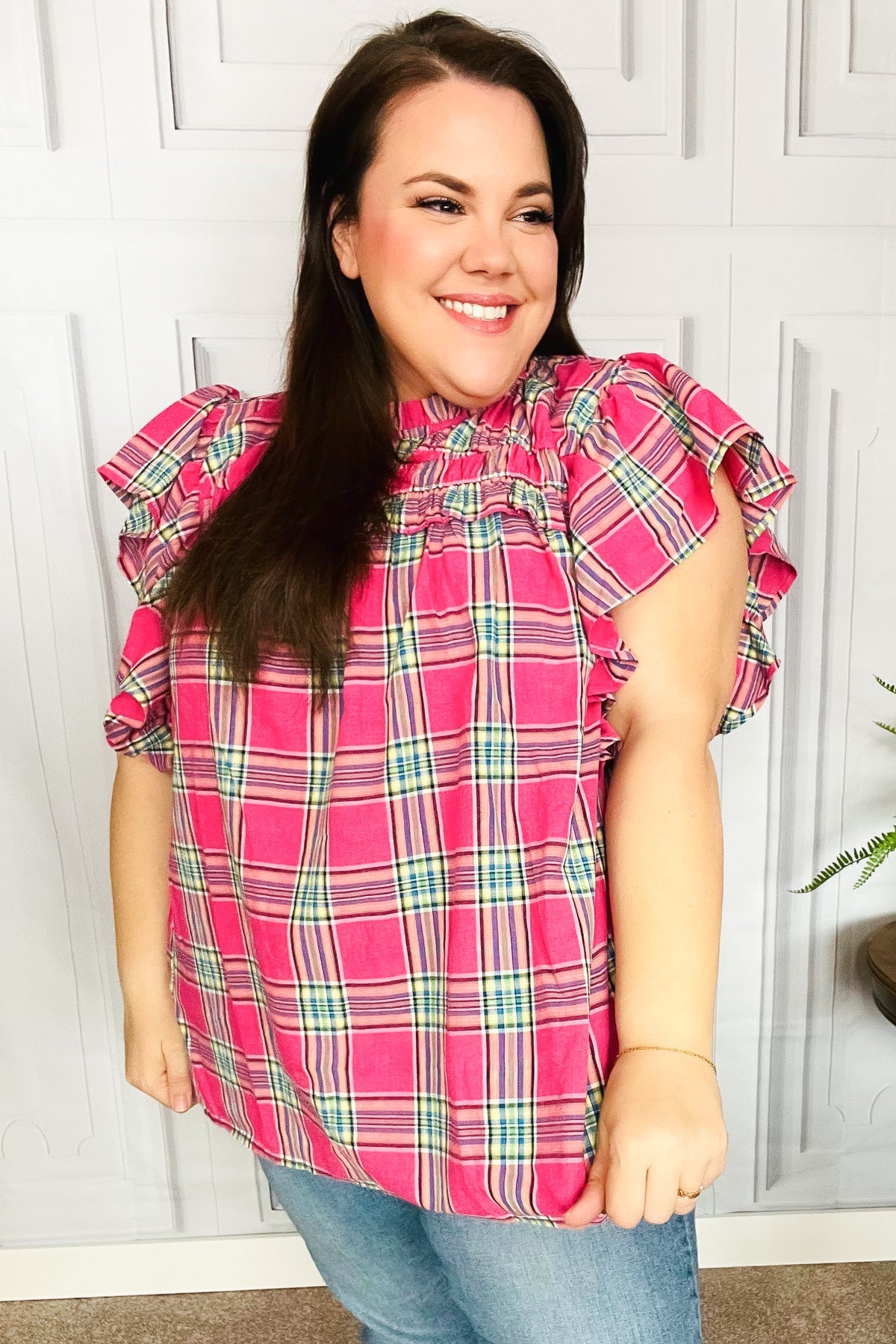 Fuchsia Plaid Shirred Yoke Flutter Sleeve Top