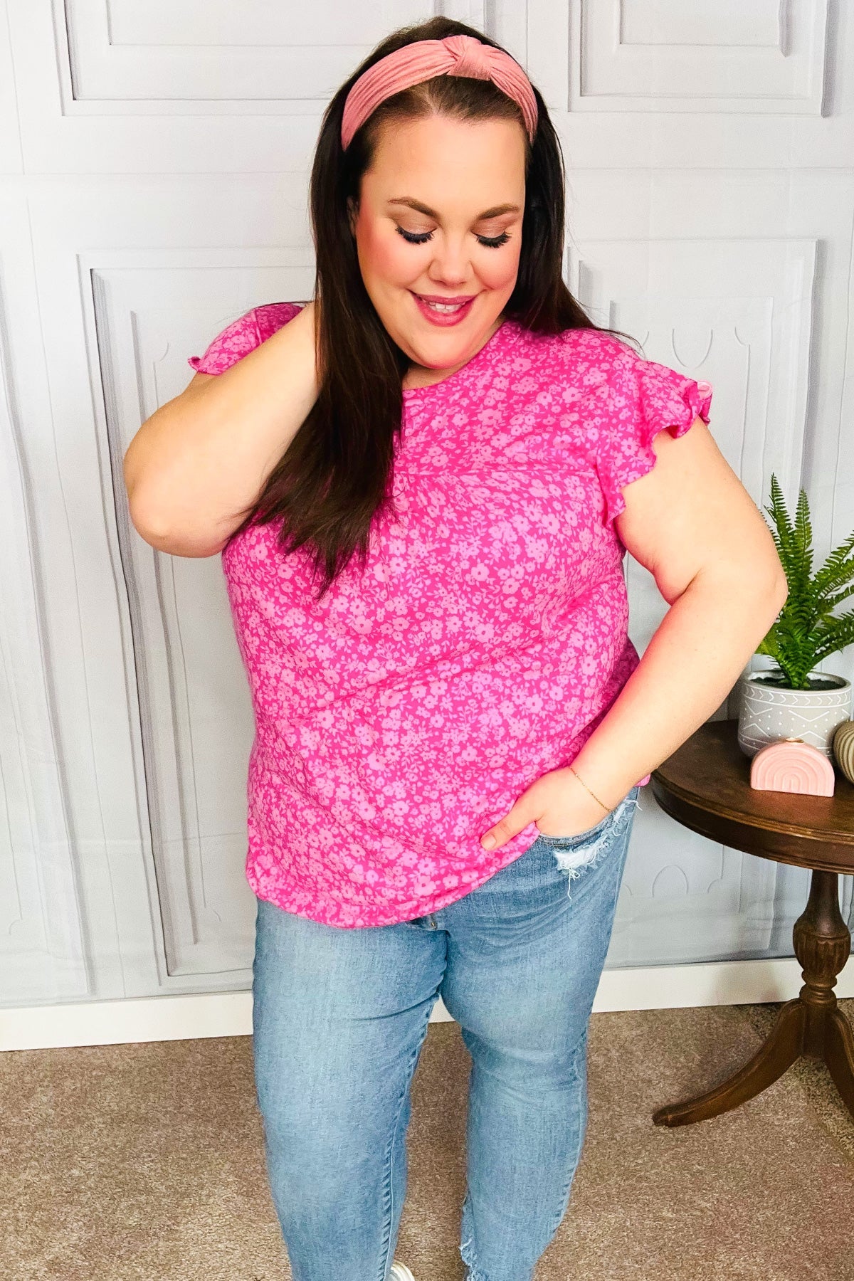 Look Of Love Fuchsia Floral Yoke Ruffle Short Sleeve Top