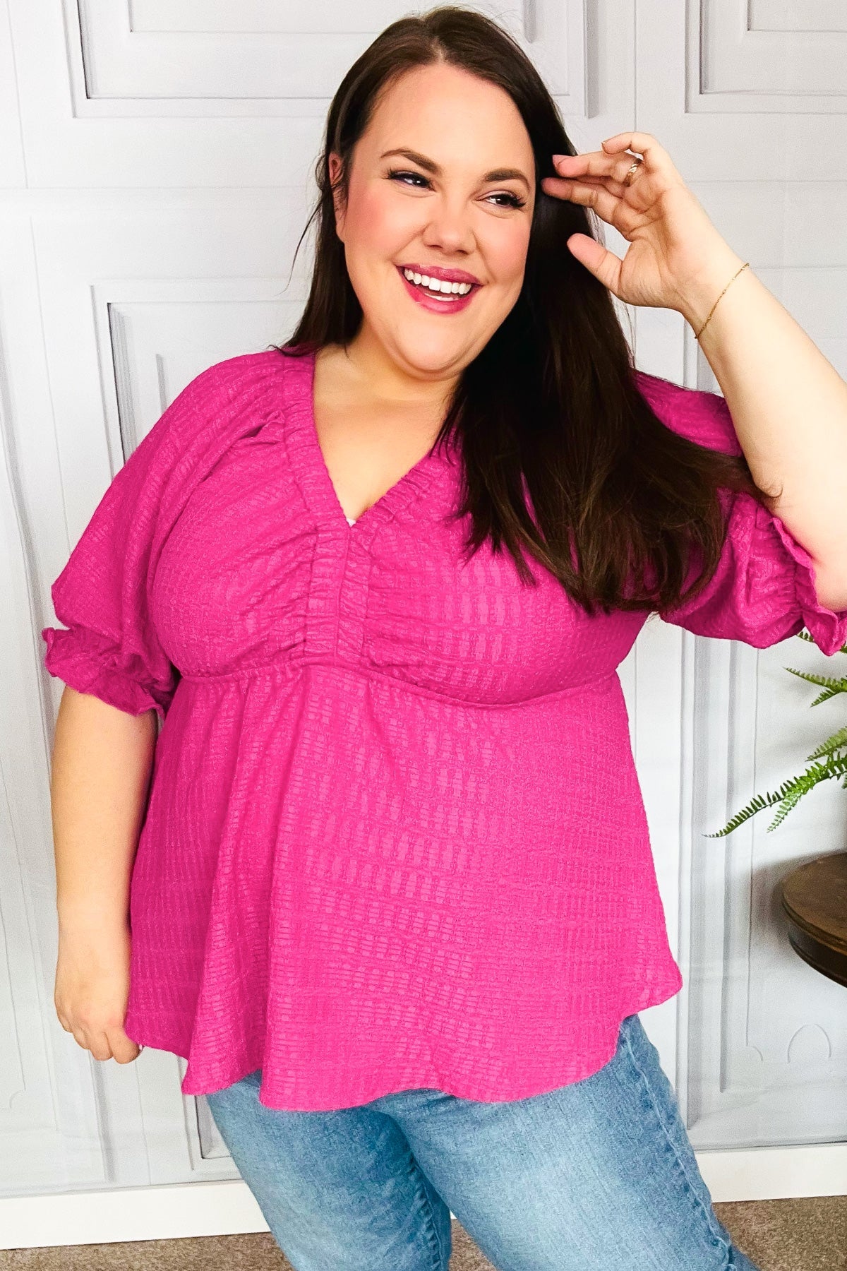 Fuchsia Textured V Neck Babydoll Top