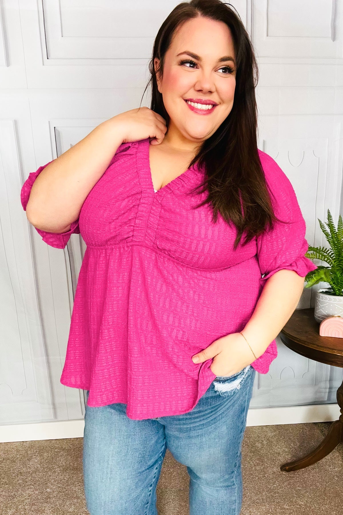 Fuchsia Textured V Neck Babydoll Top