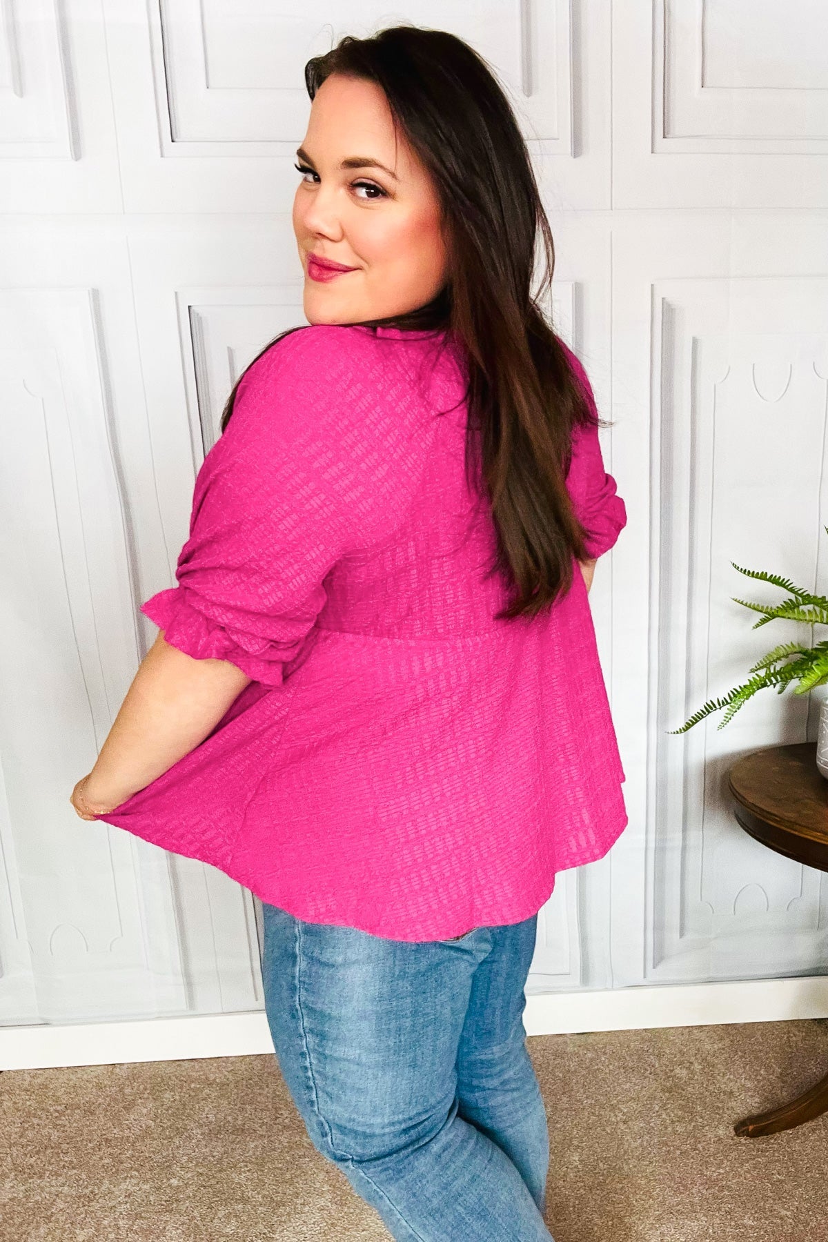 Fuchsia Textured V Neck Babydoll Top