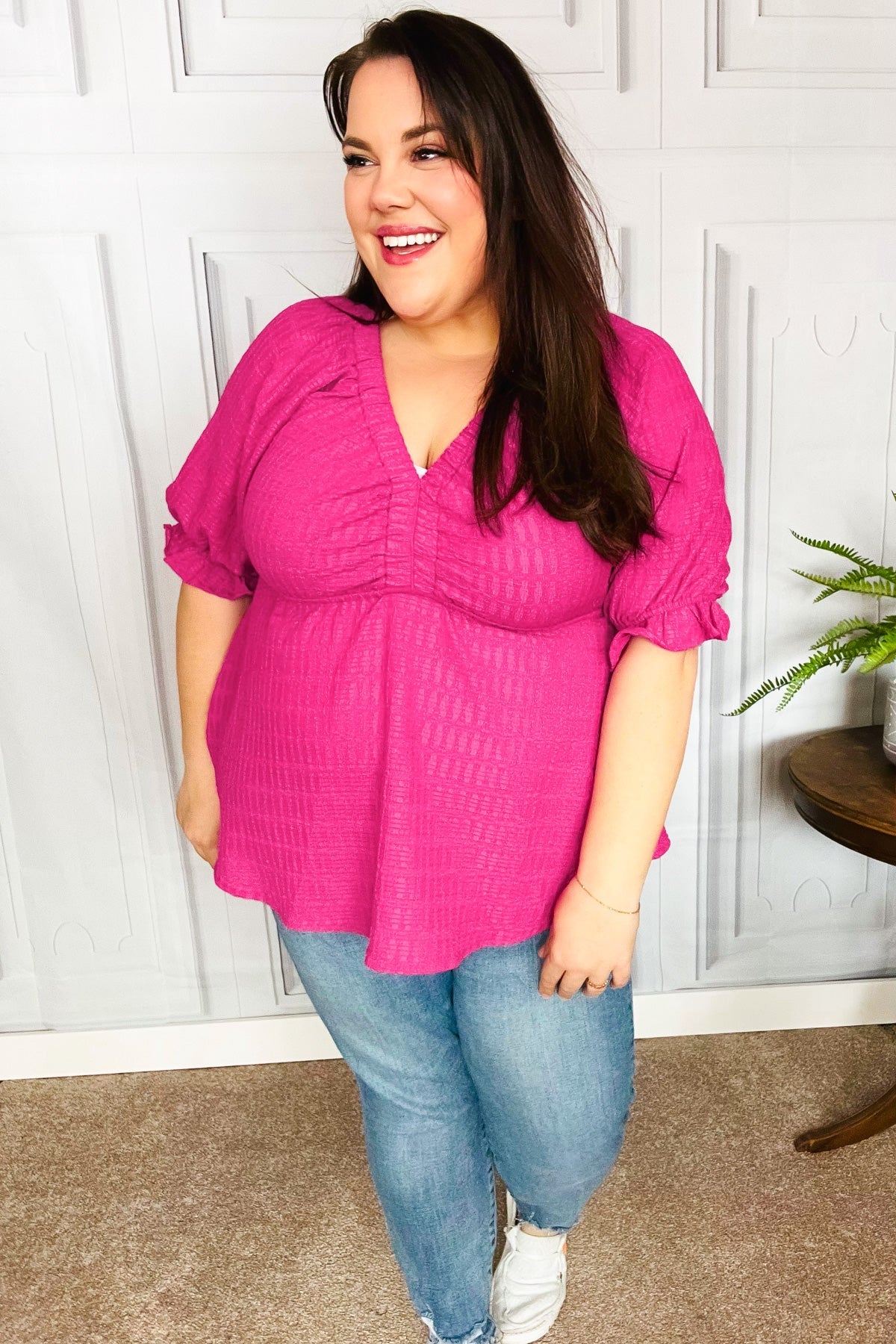 Fuchsia Textured V Neck Babydoll Top