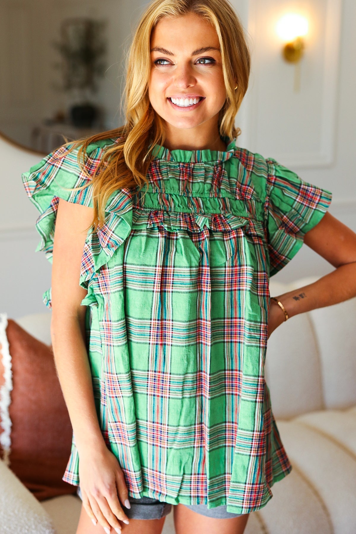 Green Plaid Shirred Yoke Flutter Sleeve Top