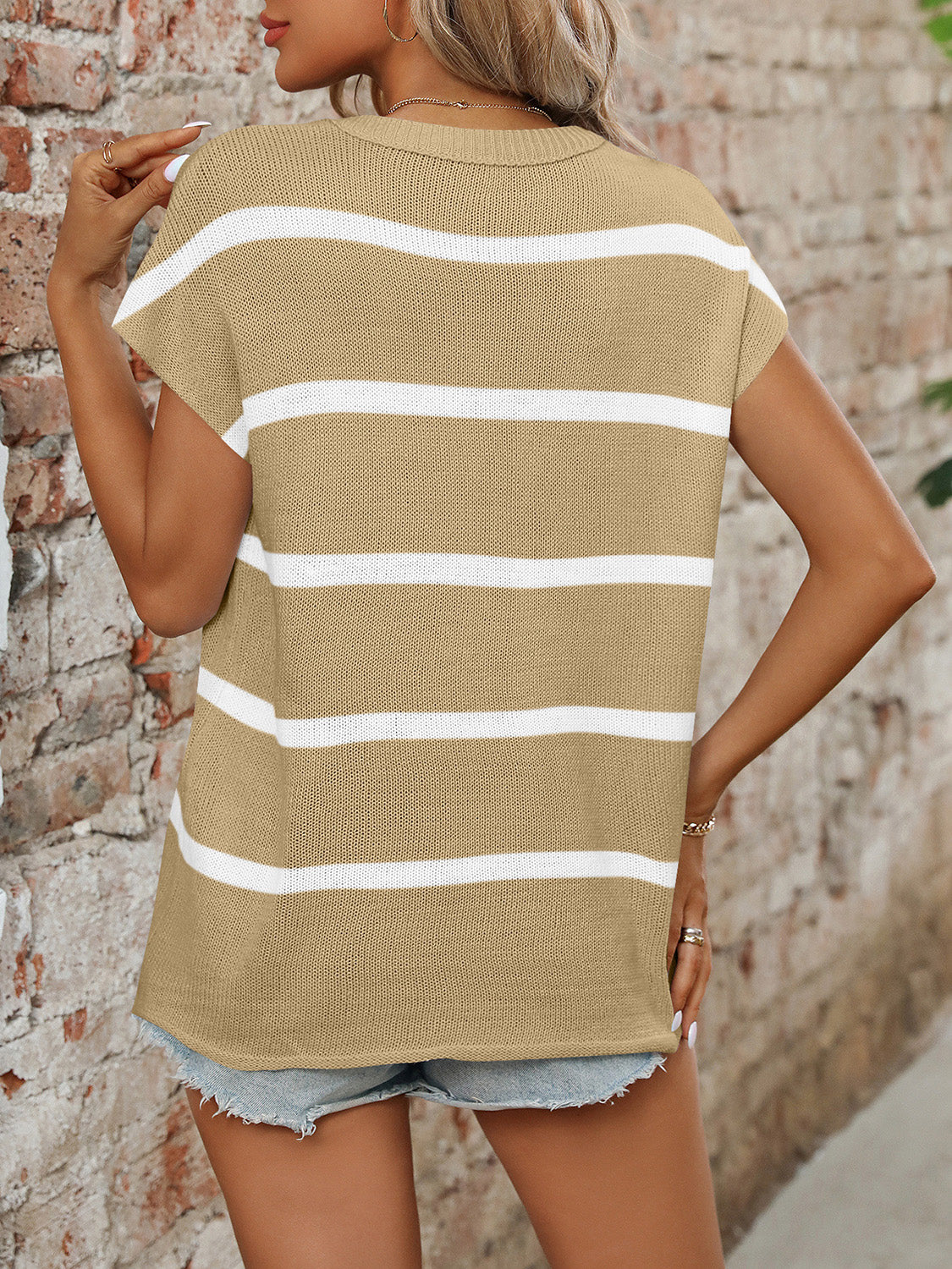 Bold Striped Round Neck Short Sleeve Knit Top