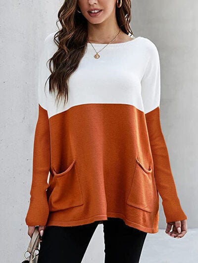 Contrast Boat Neck Long Sleeve T-Shirt