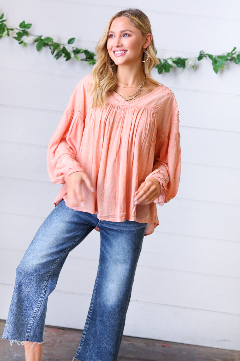 Peach Floral Swiss Dot Bubble Sleeve Top