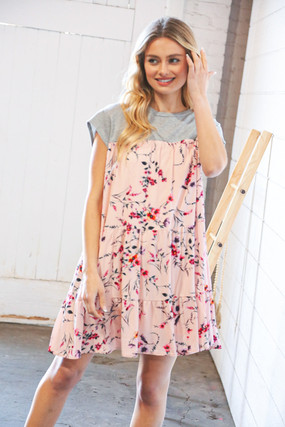 Blush Floral Crinkle Rayon & Terry Babydoll Tiered Dress