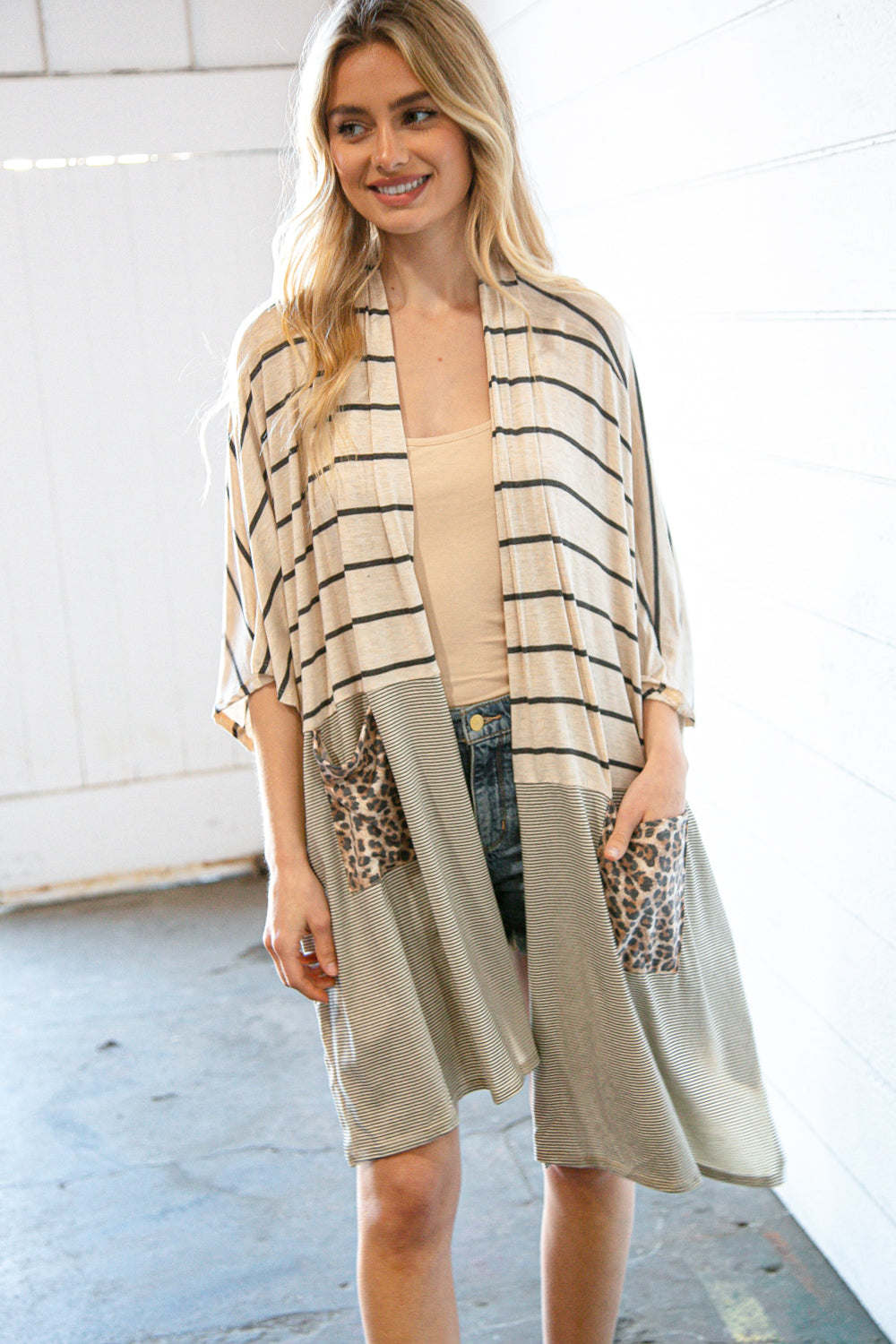 Beige Yarn Dye Stripe Leopard Pocket Open Cardigan