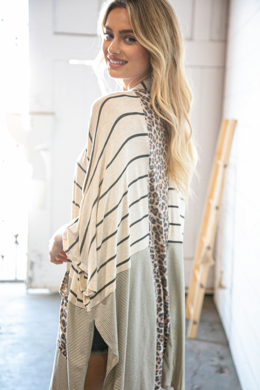 Beige Yarn Dye Stripe Leopard Pocket Open Cardigan