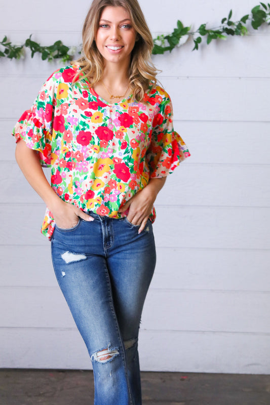 Red Flat Floral Pring Dolman Ruffle Frill Sleeve Blouse