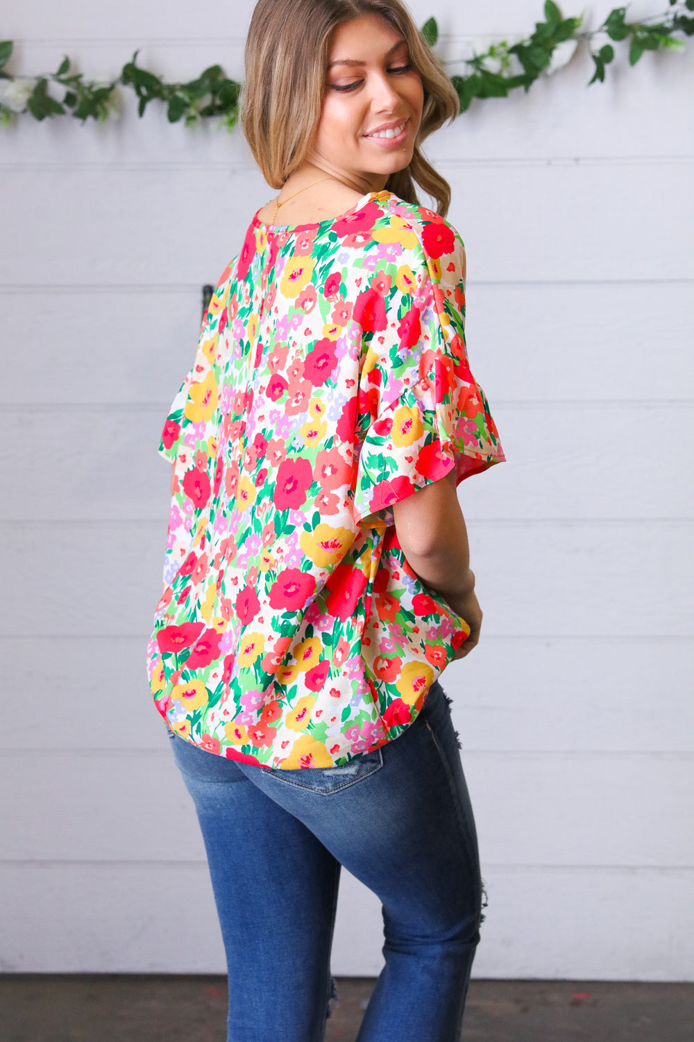 Red Flat Floral Pring Dolman Ruffle Frill Sleeve Blouse