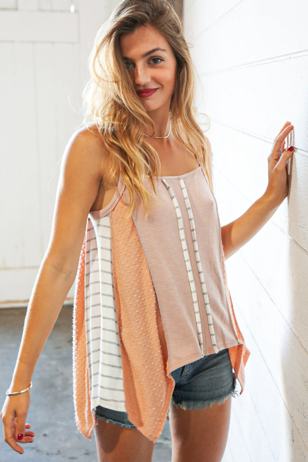 Blush French Terry Color Block Stripe Swiss Dot Top