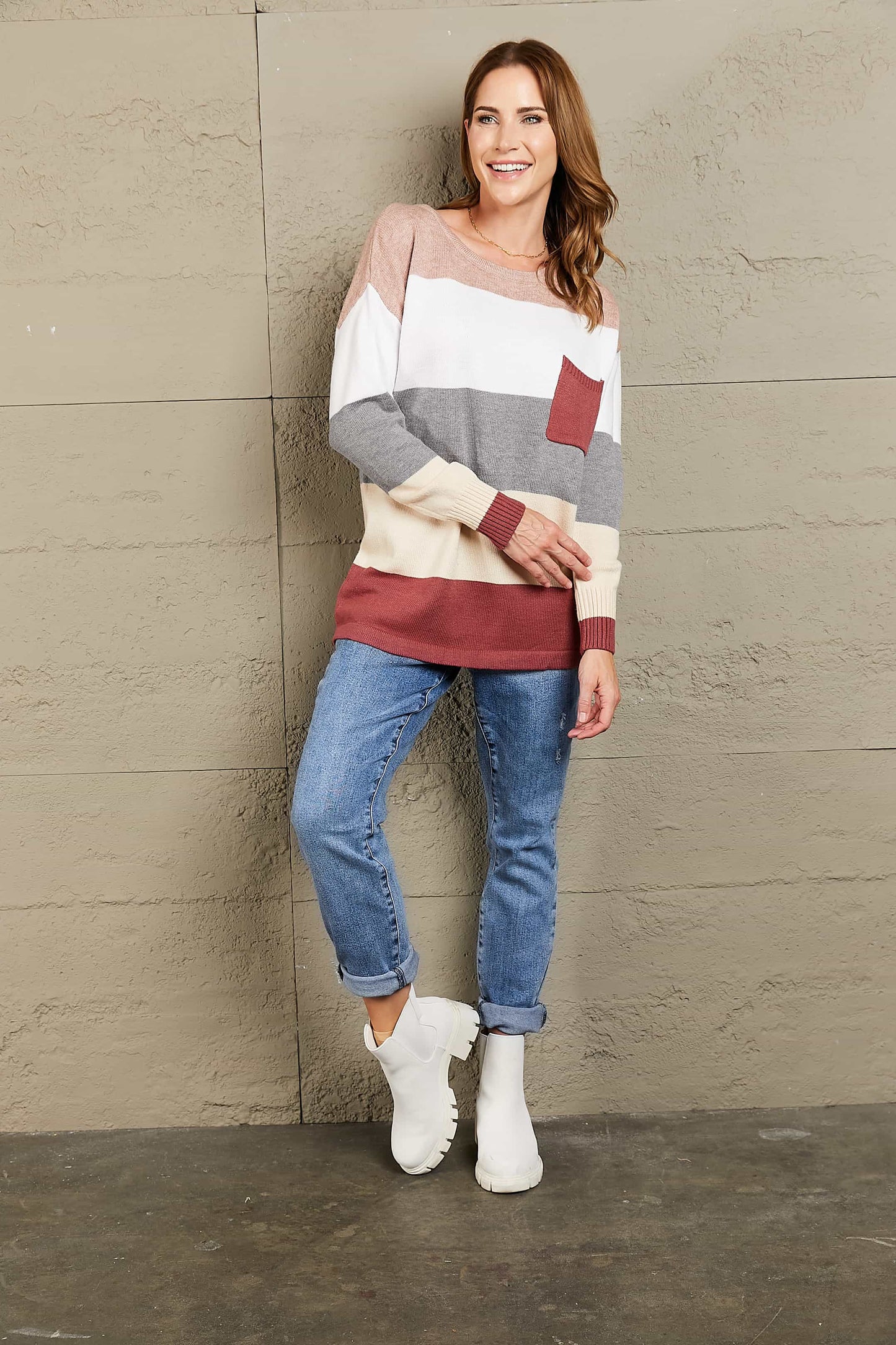 Woven Right Color Block Drop Shoulder Round Neck Sweater