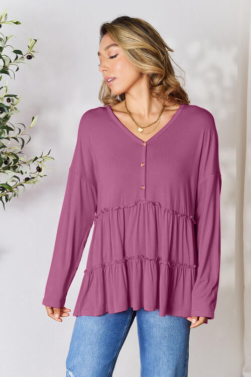 Half Button Long Sleeve Ruffle Hem Blouse