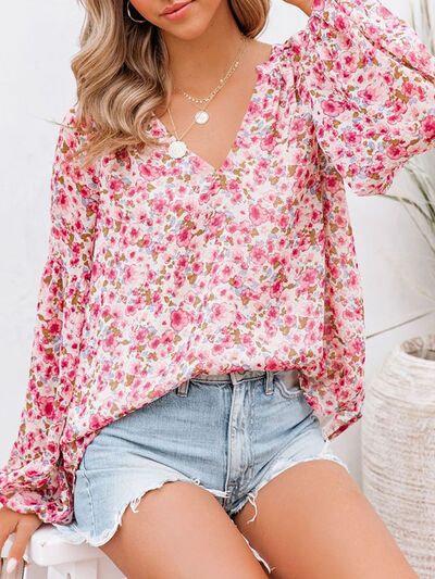 Floral Notched Balloon Sleeve Blouse