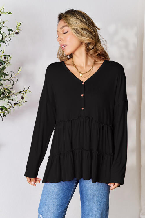 Half Button Long Sleeve Ruffle Hem Blouse