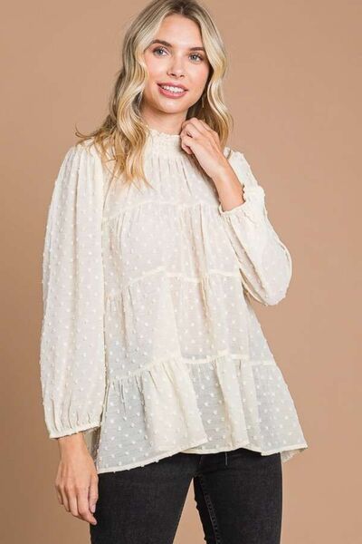 Swiss Dot Smocked Mock Neck Blouse