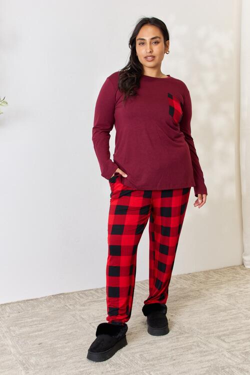 Plaid Round Neck Top and Pants Pajama Set