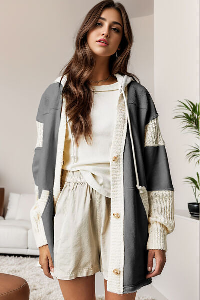 Contrast Drawstring Button Up Hooded Jacket