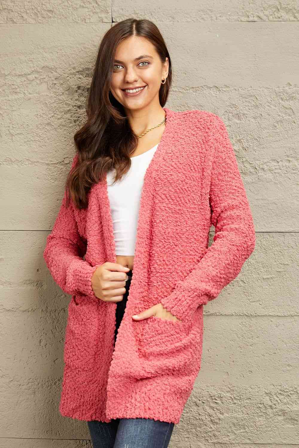 Falling For You Full Size Open Front Popcorn Cardigan