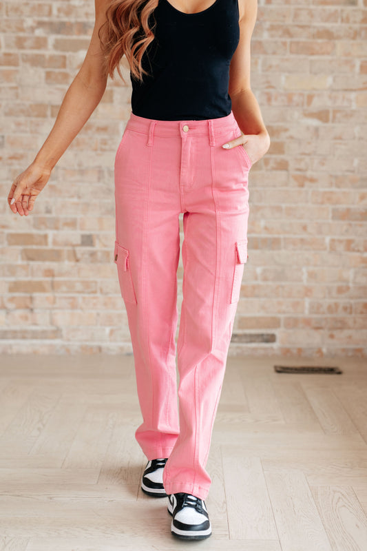 Peggy High Rise Cargo Straight Jeans in Pink