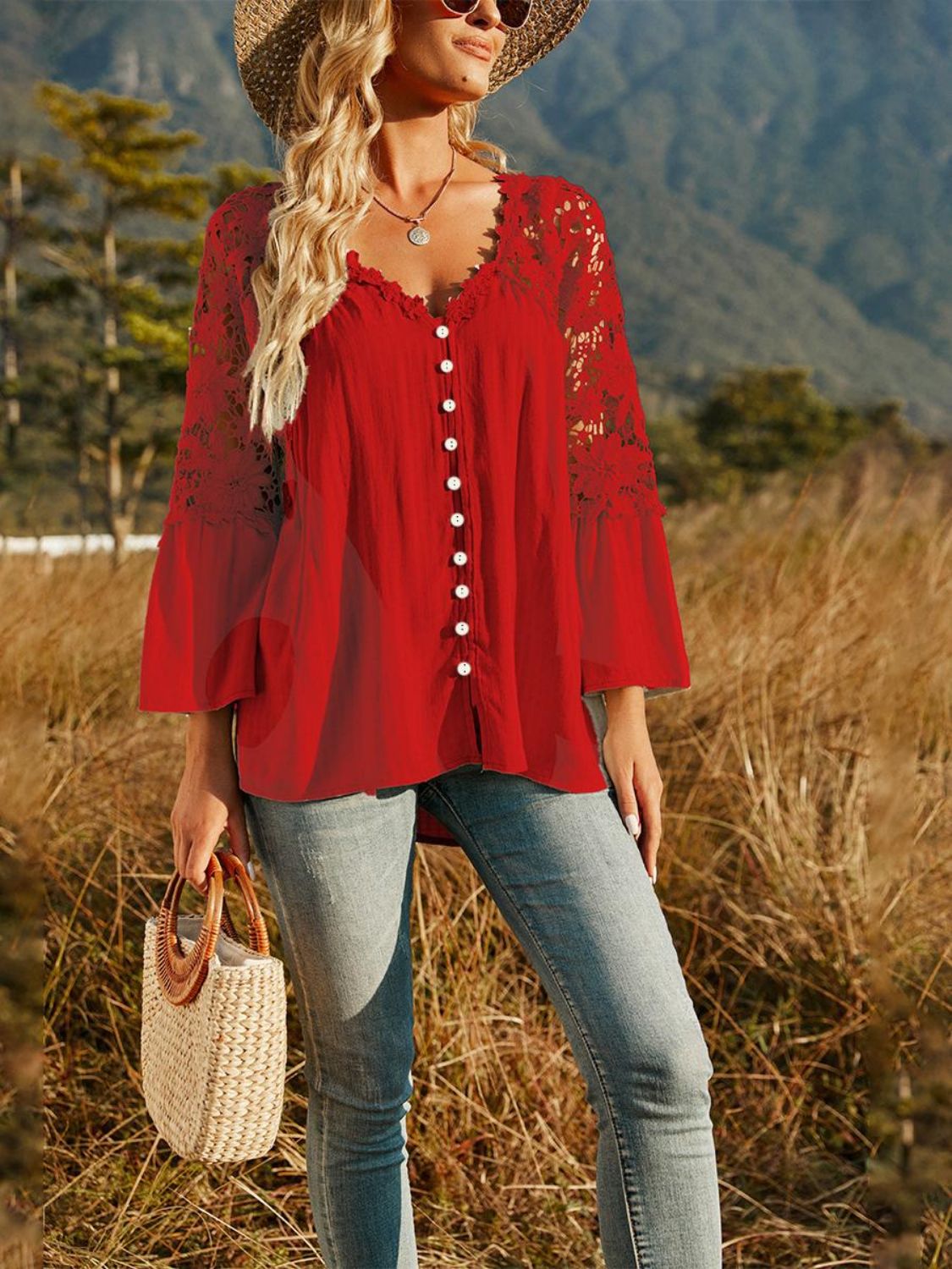 Spliced Lace Buttoned Blouse