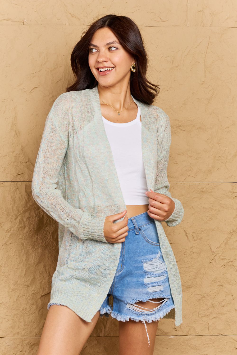 Cozy Era Cable Sweater Cardigan in Light Green