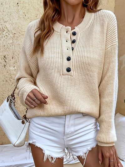 Half Button Dropped Shoulder Sweater