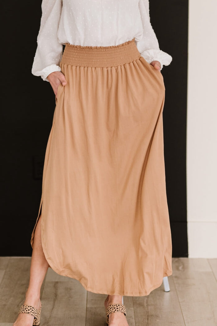 Don't Leave Without Me Skirt in Camel