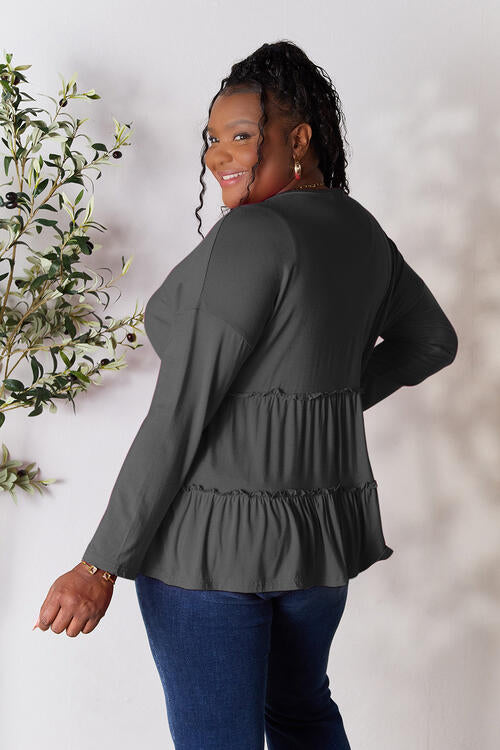 Half Button Long Sleeve Ruffle Hem Blouse