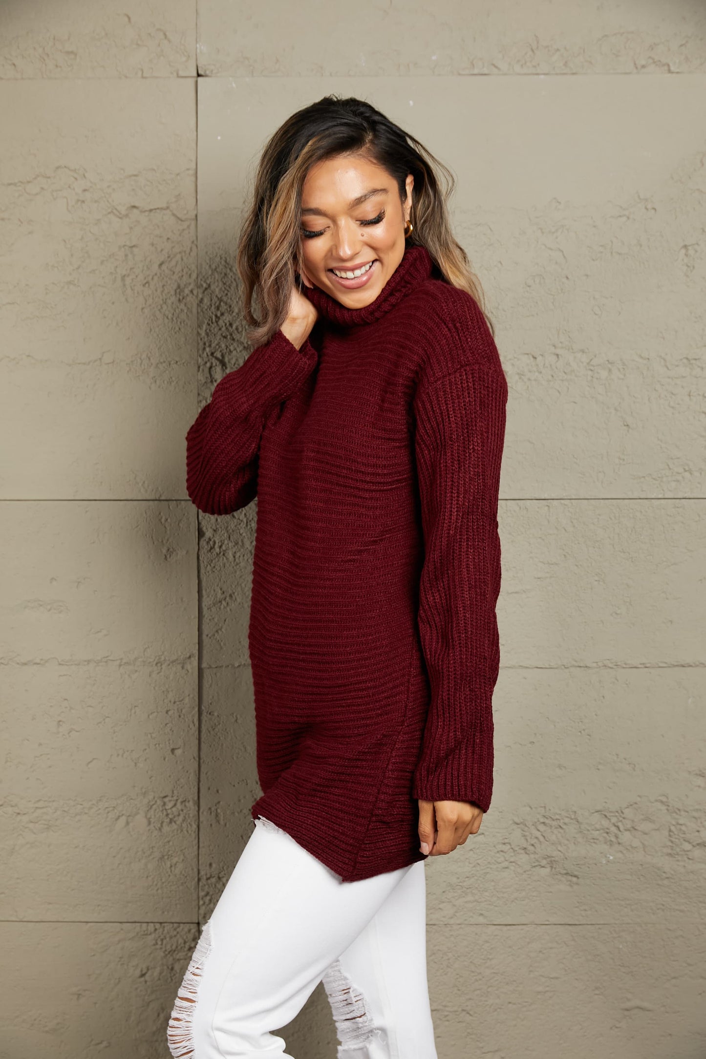 Woven Right Horizontal Ribbing Turtleneck Tunic Sweater